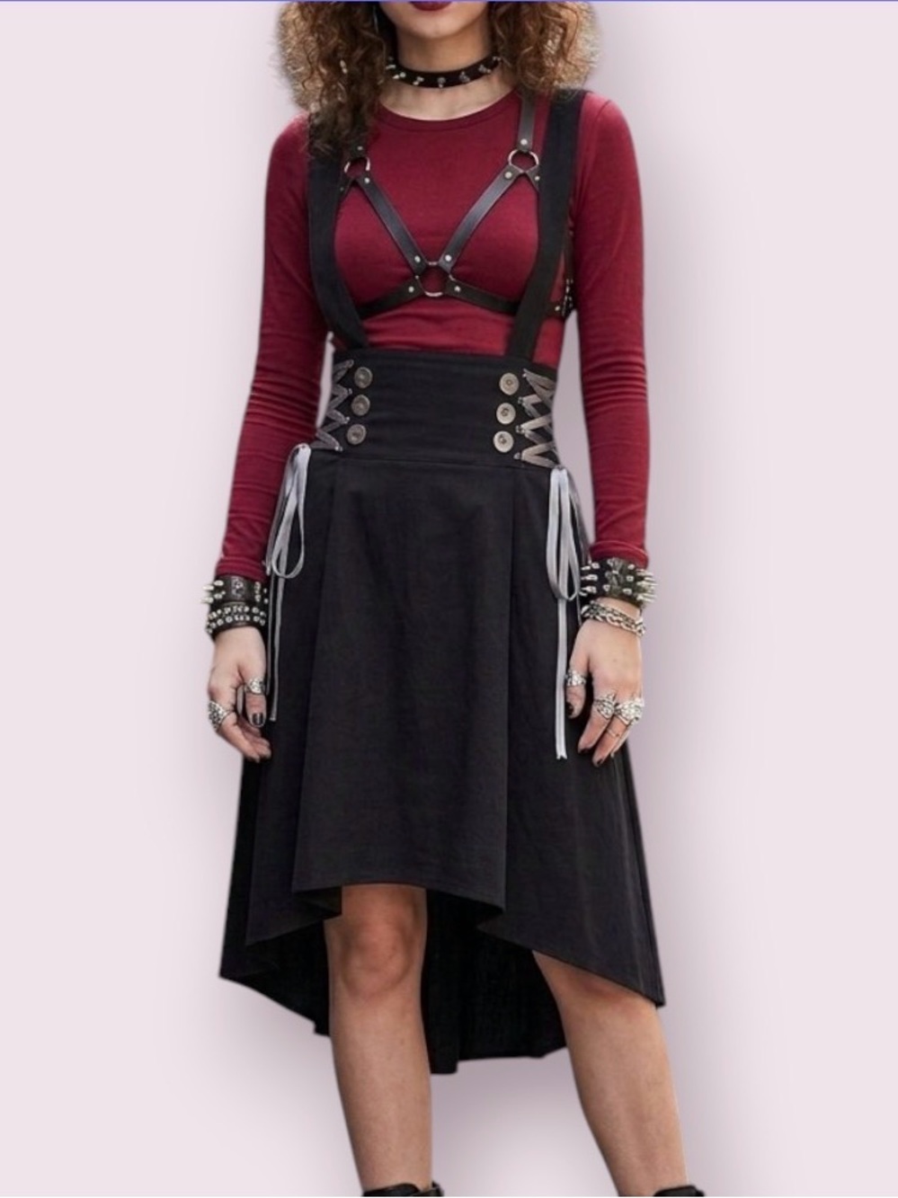 Dressfo Goth Overall Skirt Black High Low Corset Lace Up Size XXL
